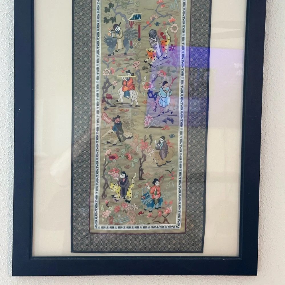 Chinese hand embroidered silk Art Piece Framed. The Actual Piece 27 X 13”